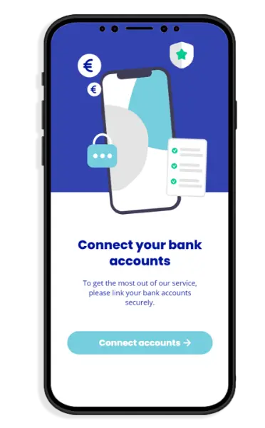 Écran d'accueil d'une application mobile qui invite l'utilisateur à connecter ses comptes bancaires