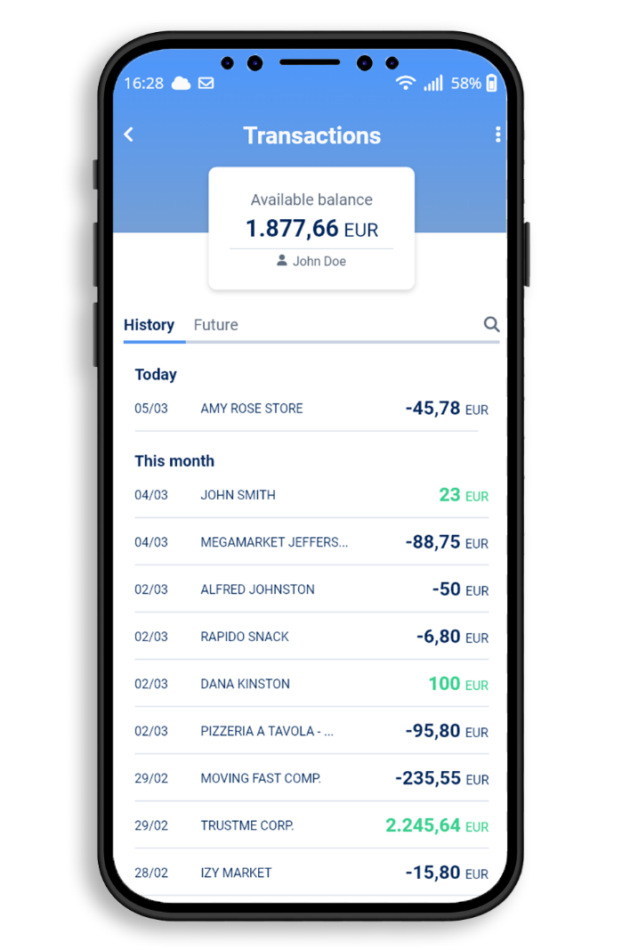 Écran Open Banking avec transactions bancaires sur un smartphone